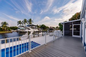 Angled view of a screen room with a pool