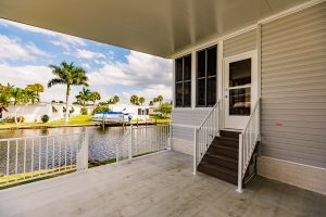 Side view of a patio deck and stairs