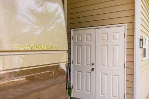 Close up of a shed in an RV port