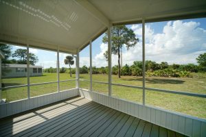 Angled view from inside a screened room